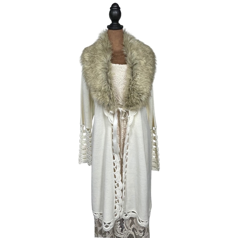 Apostrophe Cardigan XL Cream Long Duster Removable Faux Fur Collar Crochet Y2K